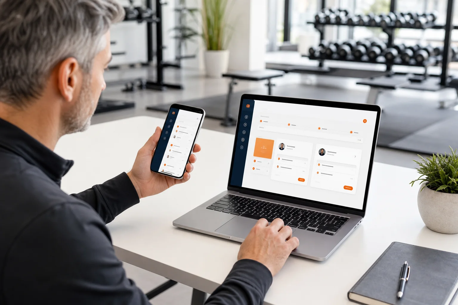 Gym manager reviewing a permission-based digital member connection workflow on GymPT