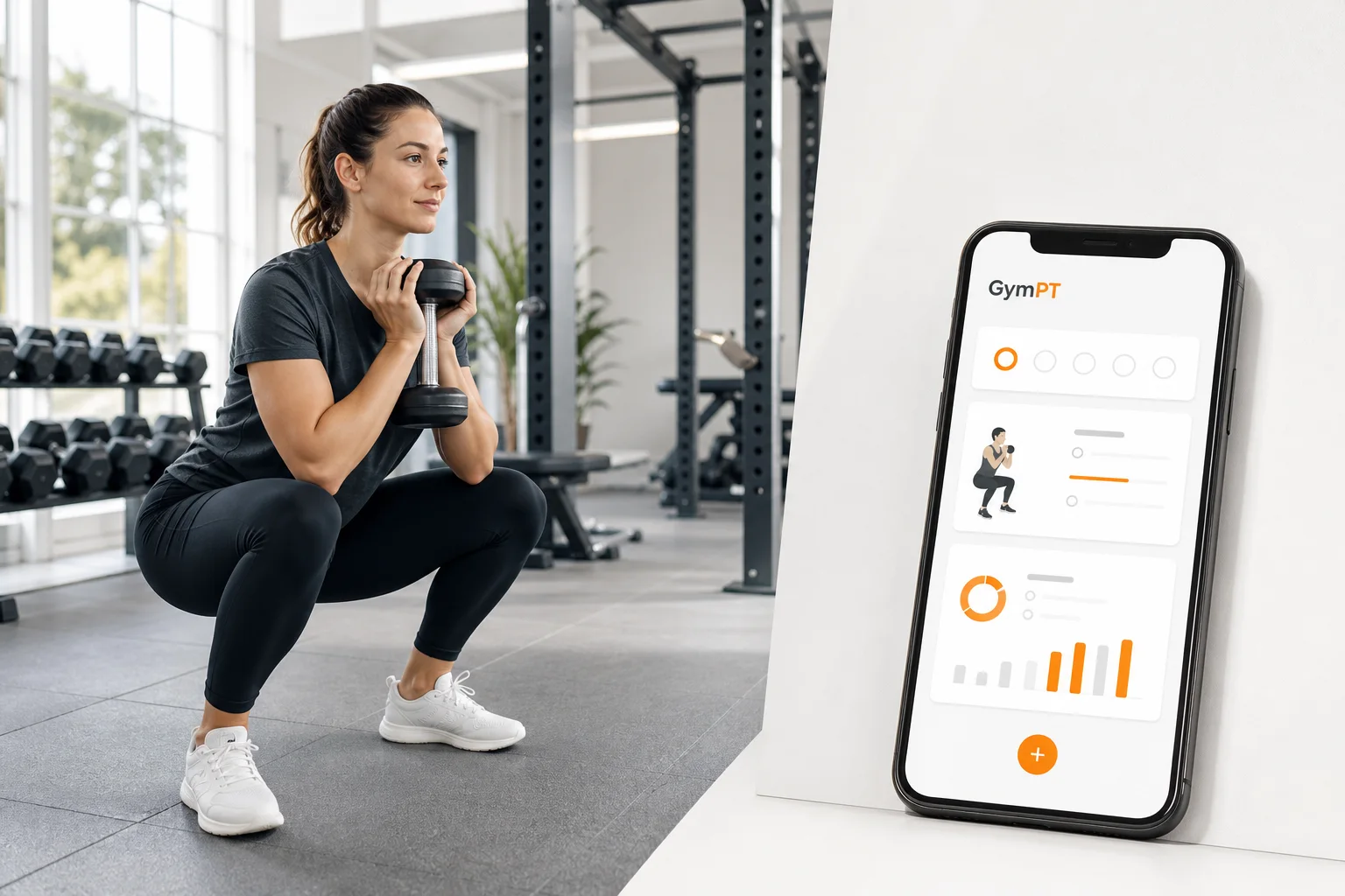Begynder udfører en kontrolleret squat med GymPT-træningsregistrering på mobilen