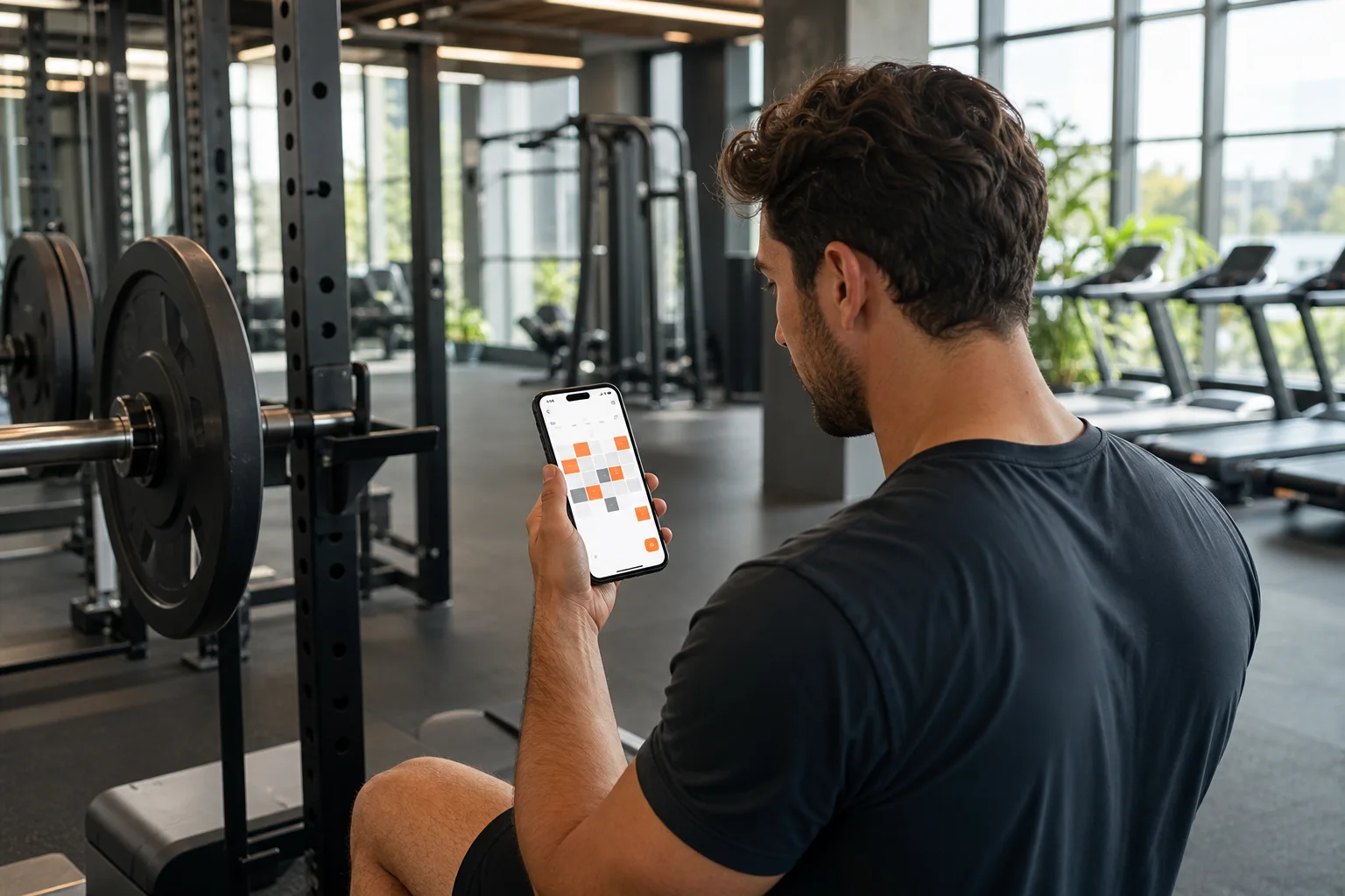 Medlem ser på en ukentlig treningsplan i GymPT på mobilen i et lyst treningsstudio.