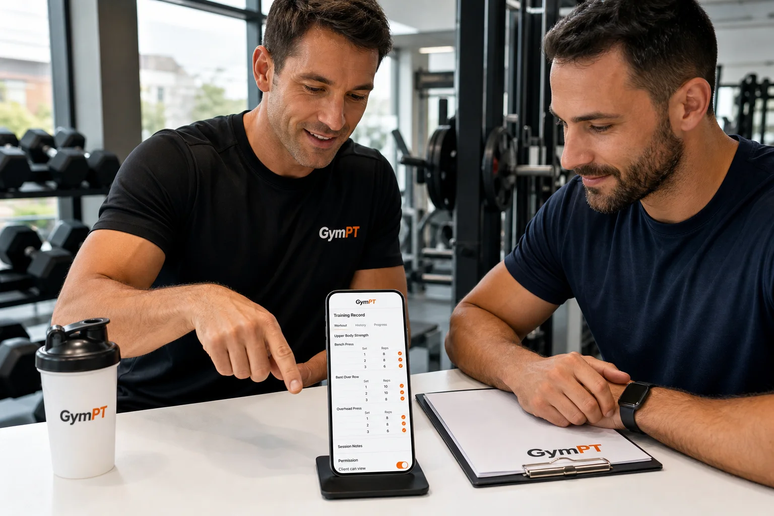 Entrenador personal revisando un programa de entrenamiento con su cliente en una tablet