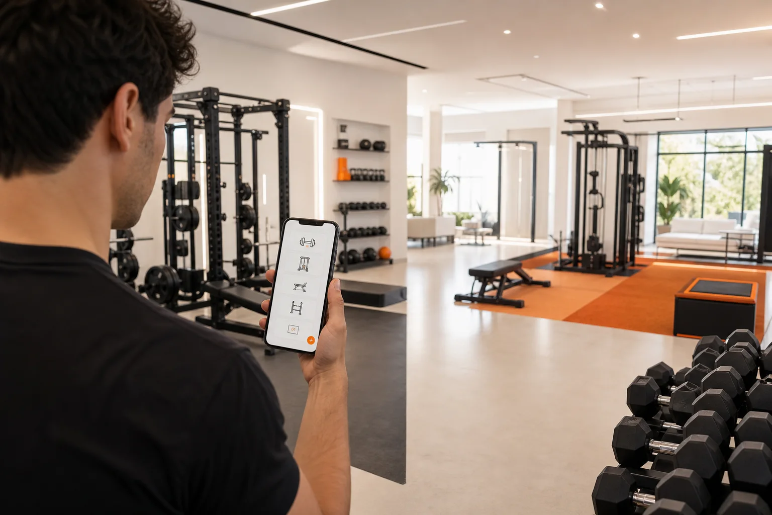 Trainer reviewing a GymPT equipment profile for workout planning in a modern gym