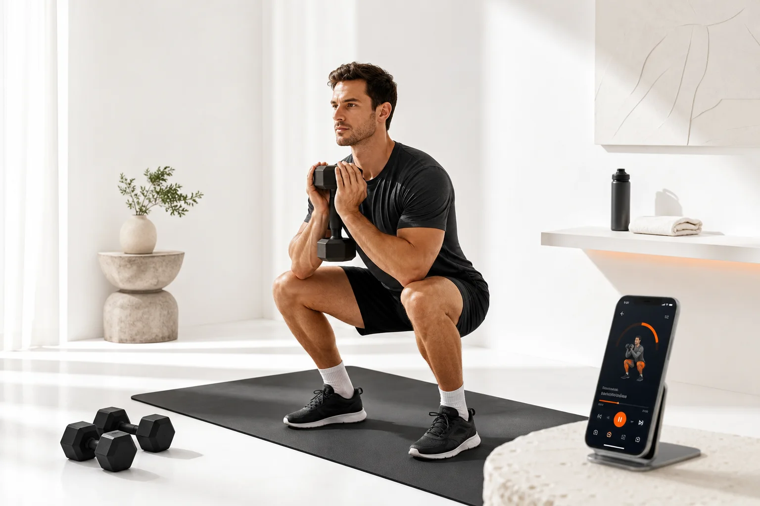 Person führt eine Goblet Squat mit einer Kurzhantel aus, daneben ein Smartphone mit GymPT Trainingsaufzeichnung.