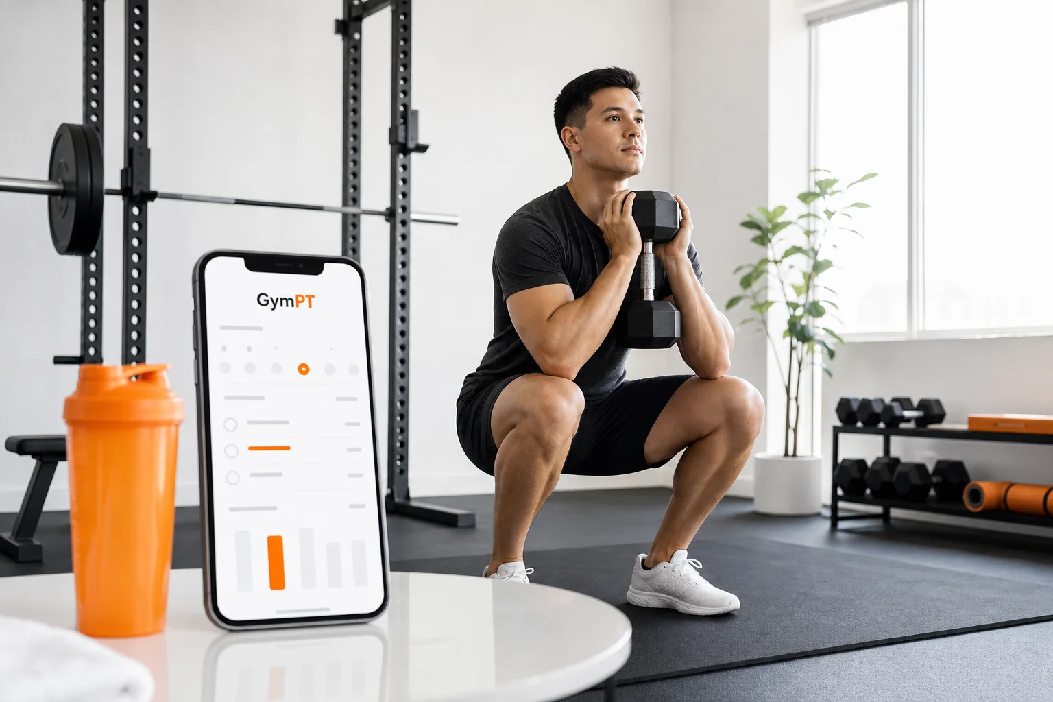 Member performing a goblet squat beside a GymPT workout record screen