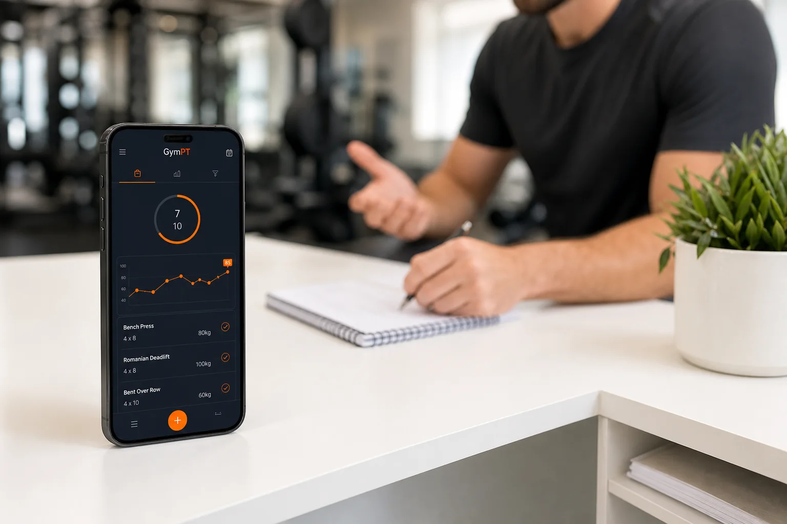 Personal trainer reviewing a client workout record in the GymPT app