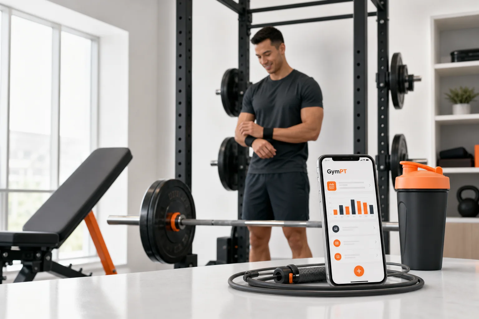 Persona preparando un entrenamiento con barra mientras revisa su equipo disponible en GymPT