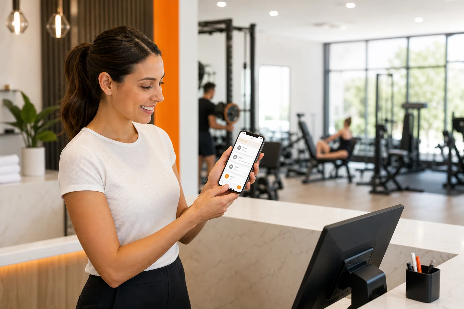 Gym staff member reviewing a GymPT digital onboarding workflow on a smartphone