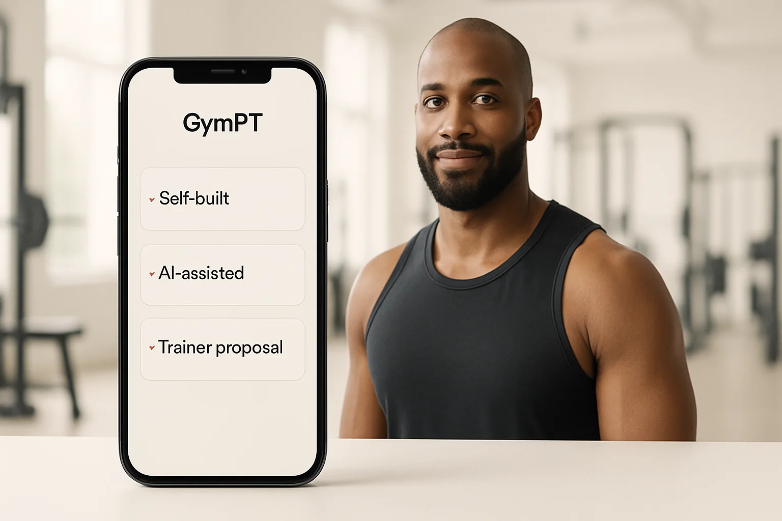 Gym member reviewing self-built, AI-assisted and trainer-proposed program options in the GymPT app
