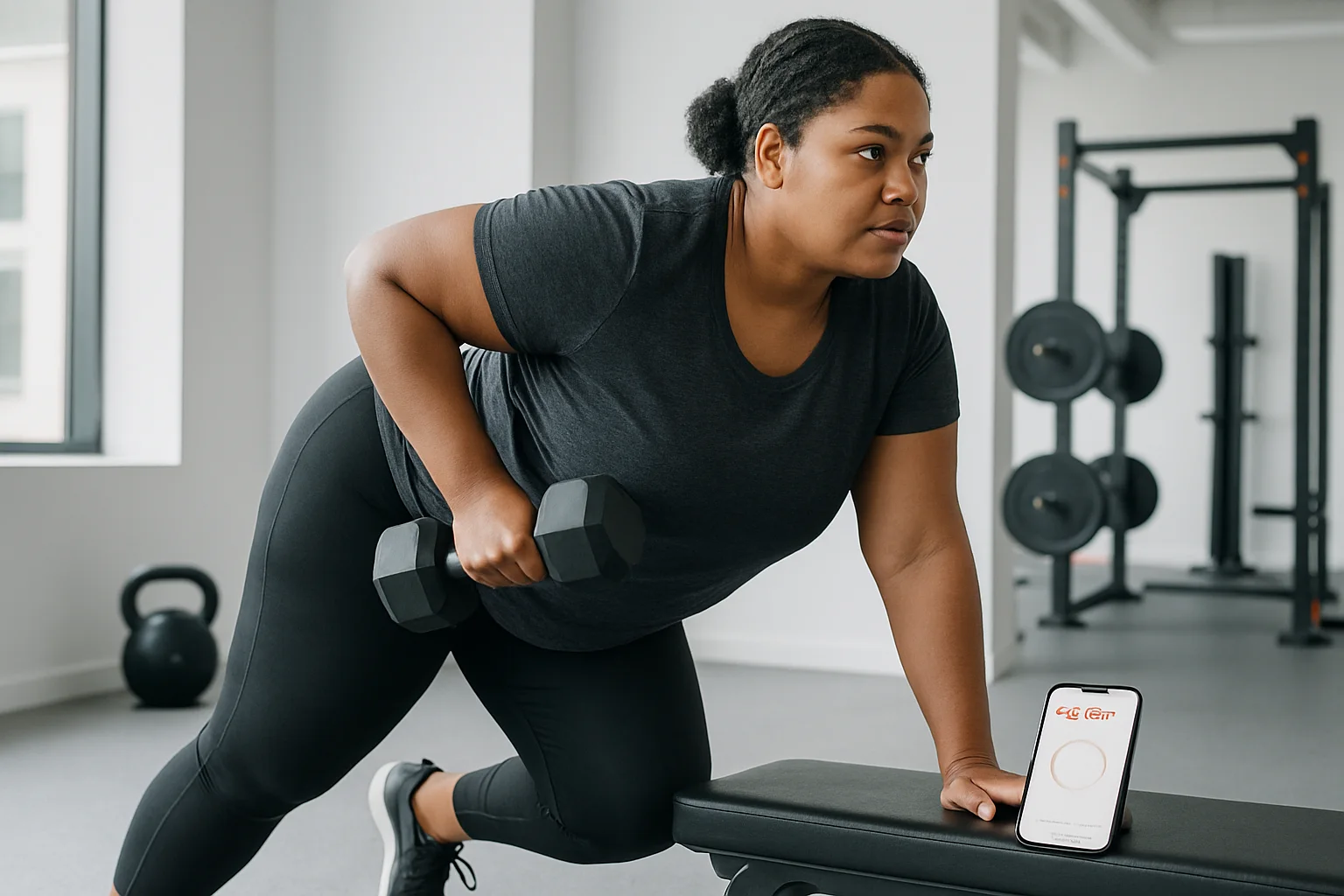 GymPT-træningsapp og kontrolleret helkropsøvelse i et lyst fitnesscenter