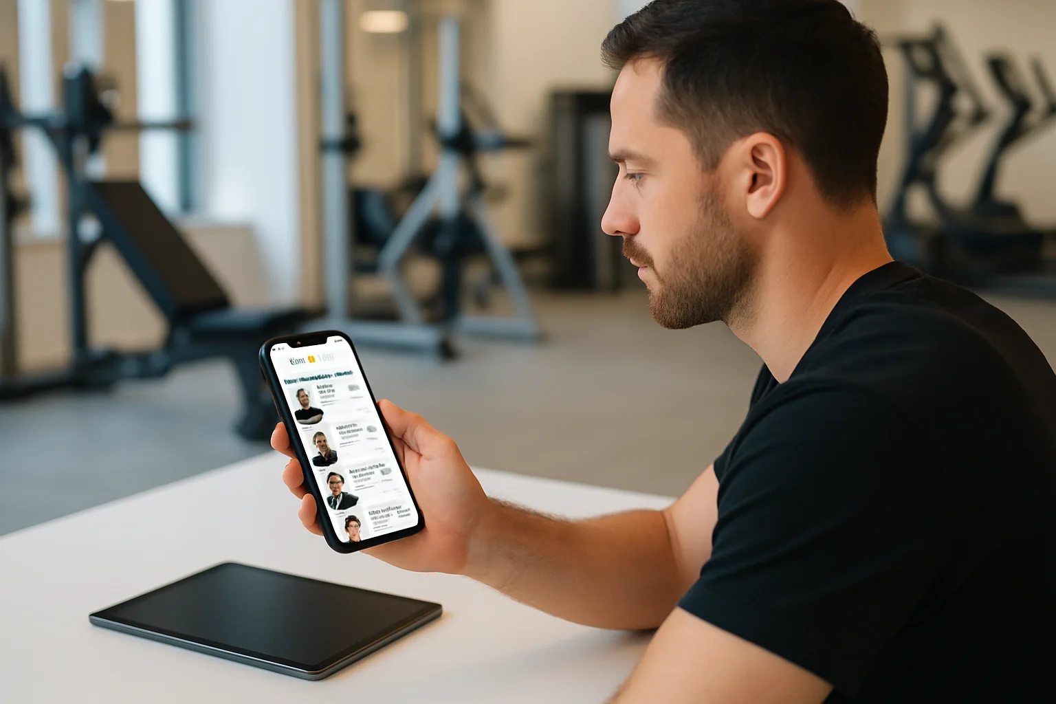 Gym staff member reviewing a GymPT trainer directory on a smartphone