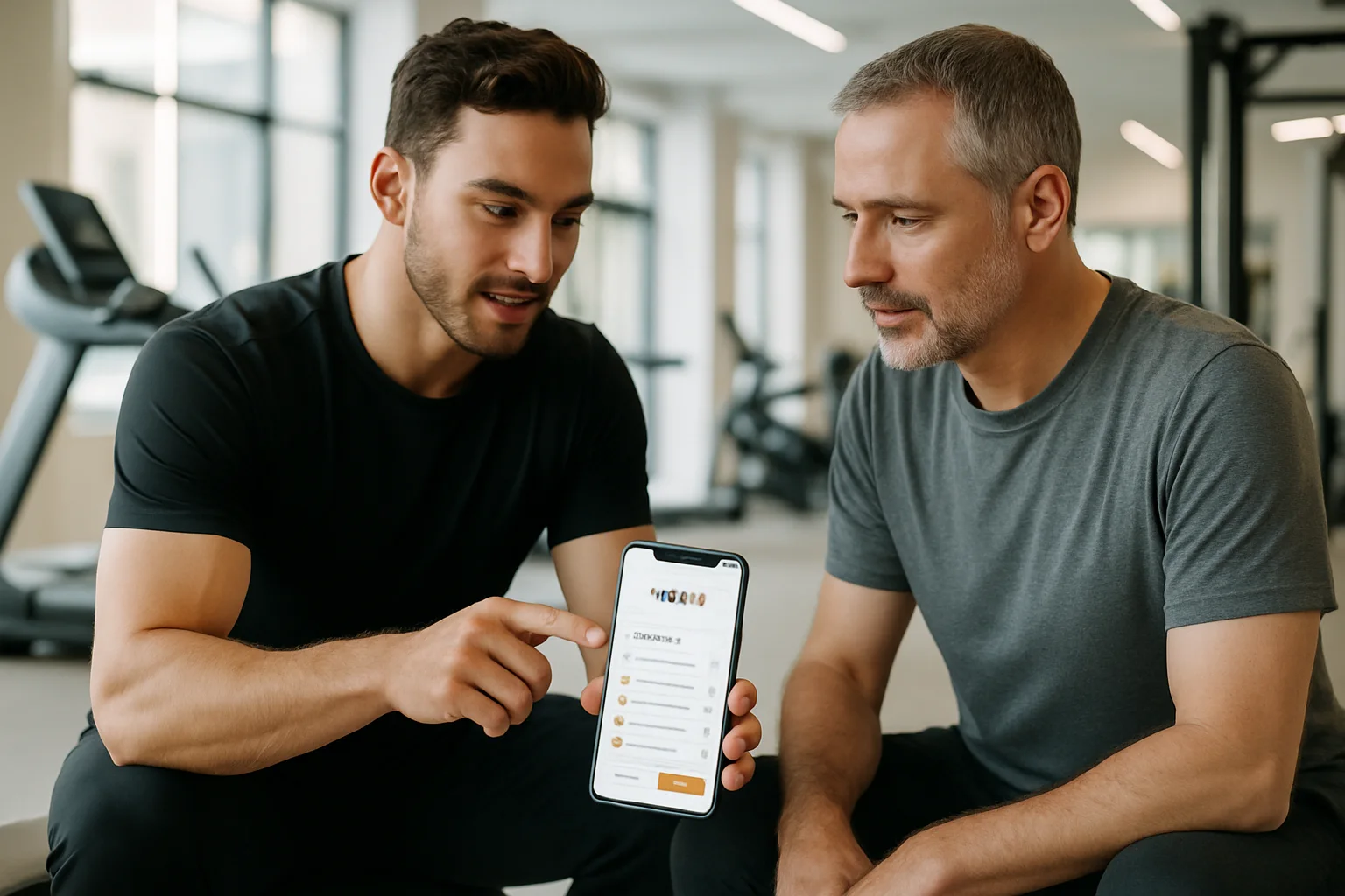 Personal trainer and client reviewing a GymPT onboarding checklist in a bright gym