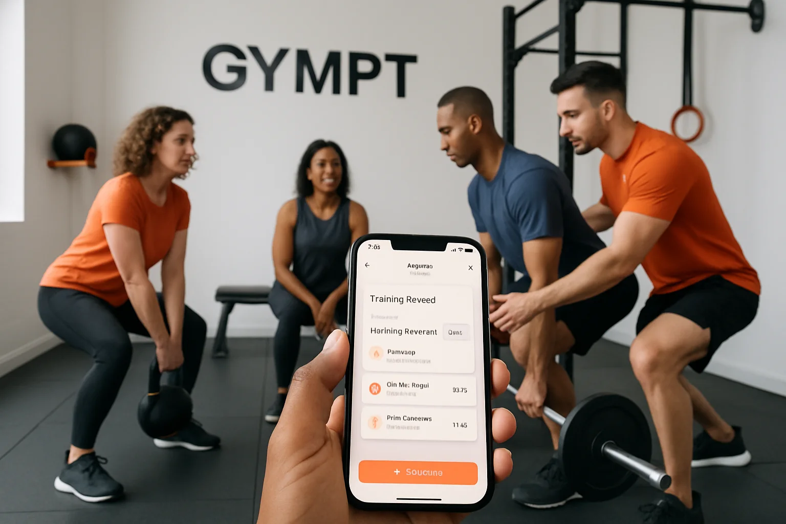 Personlig træner og gymmedlem gennemgår en træningsplan i GymPT-appen