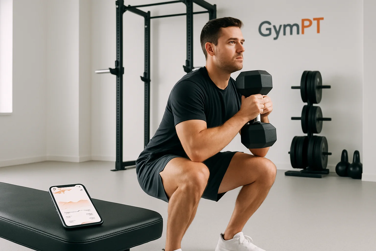 Person trainiert Goblet Squats mit Kurzhanteln neben einer GymPT-Trainingsübersicht