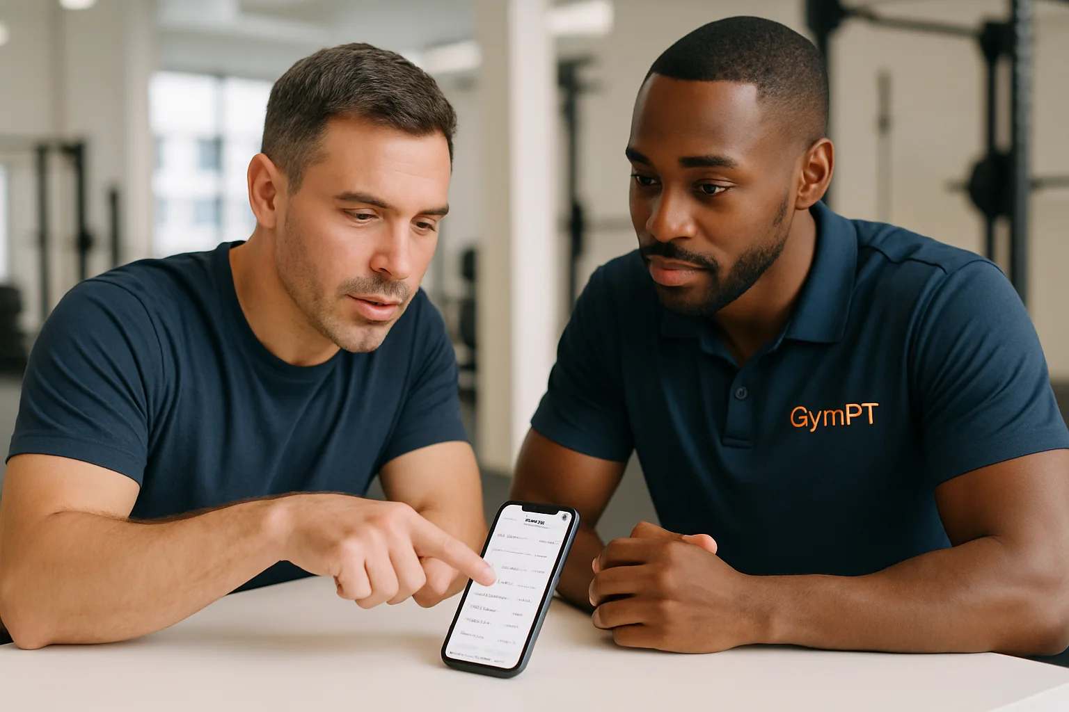 A personal trainer and client review a proposed weekly workout plan together on a phone.