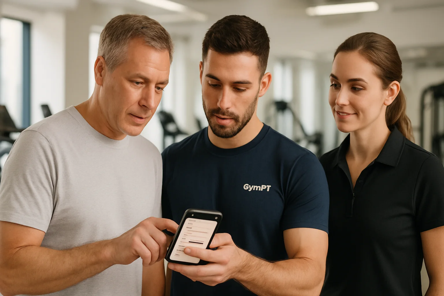 Studioleitung, Personal Trainer und Mitglied besprechen gemeinsam einen Trainingsvorschlag.