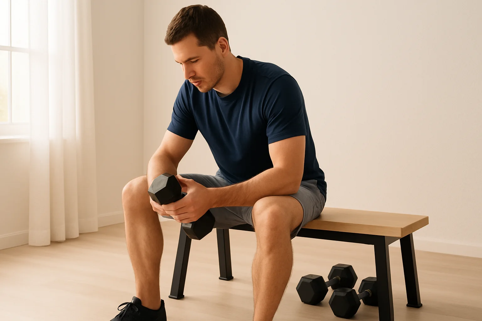 Persona che prepara una sessione con manubri e consulta un programma GymPT sul telefono