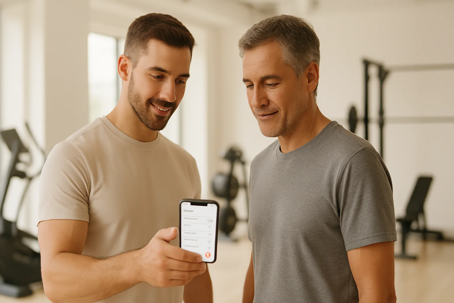 Personal trainer reviewing a client-shared workout record on a GymPT-inspired phone interface