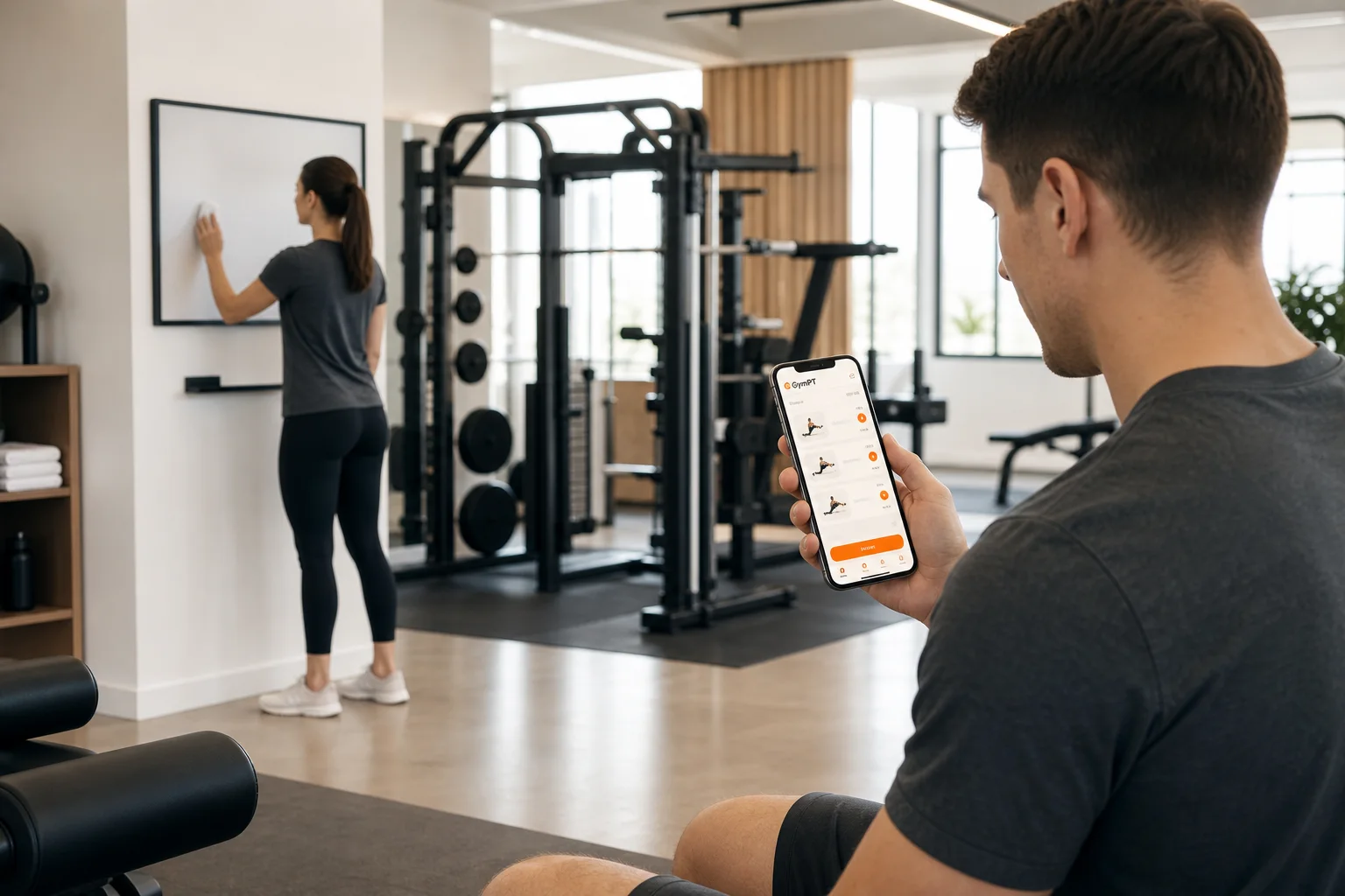 Træner og medlem gennemgår en alternativ styrkestation, mens udstyr i fitnesscentret er optaget
