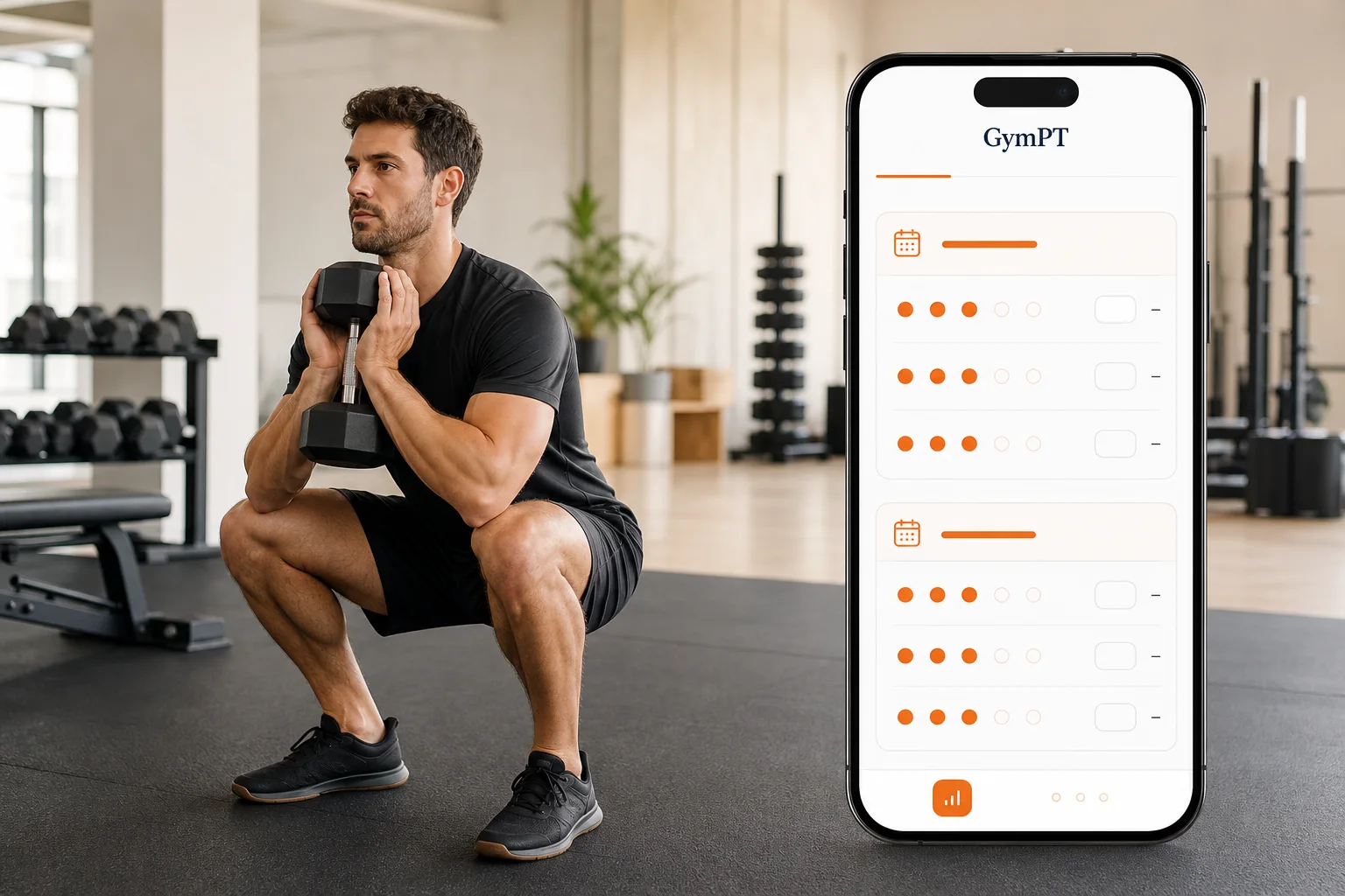 Member practicing a controlled squat beside a GymPT strength-training log