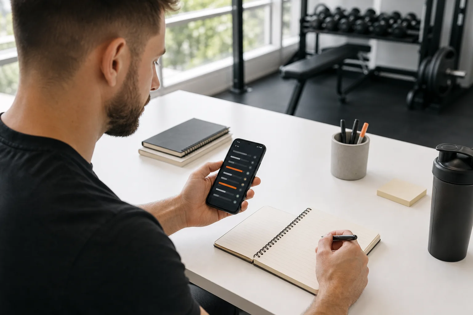 Personal trainer ja asiakas tarkastelevat yhdessä jaettuja harjoitustietoja.